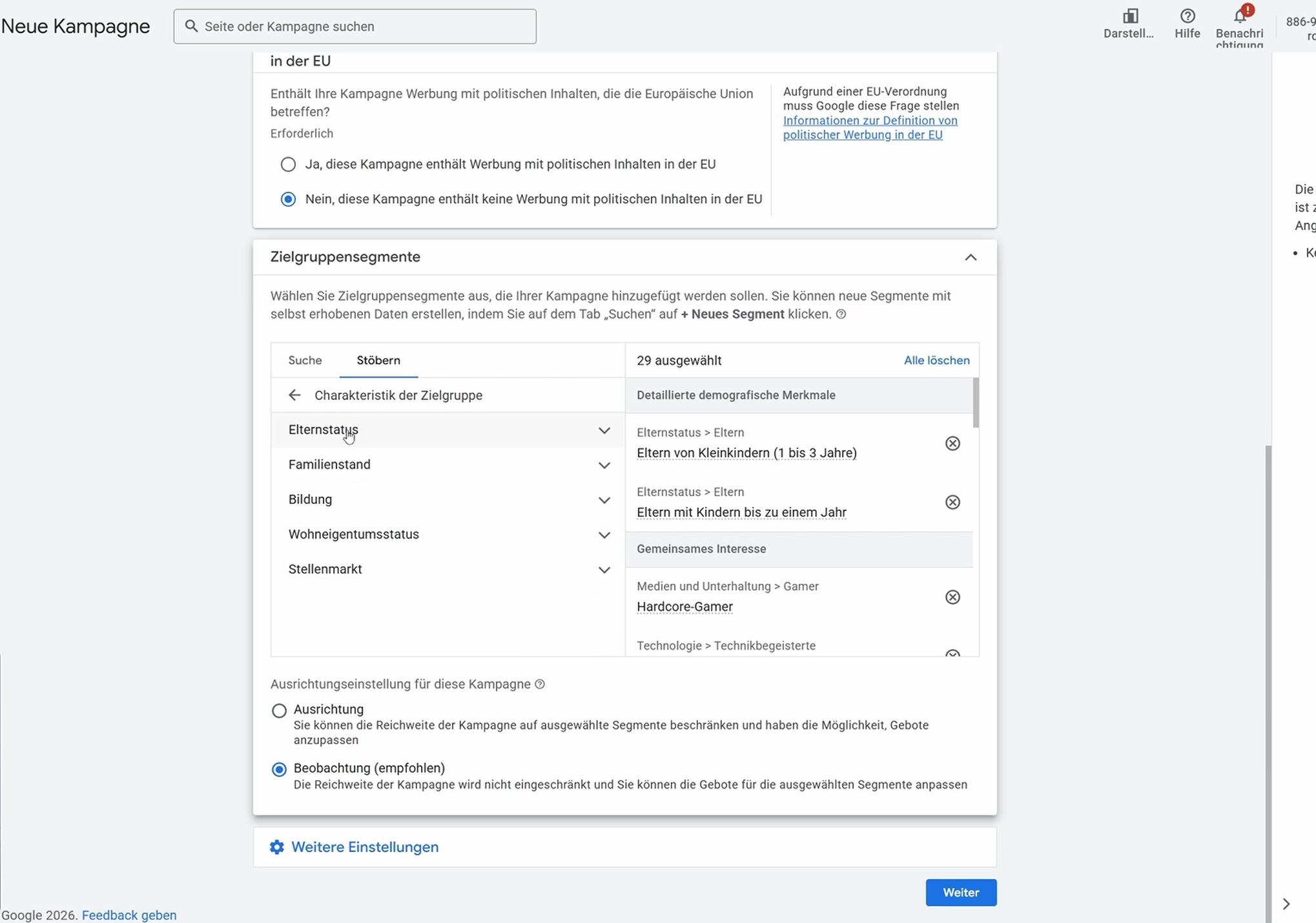 Google Ads Zielgruppensegmente auswählen – Stöbern-Ansicht mit 36 ausgewählten Haupt- und Unterkategorien