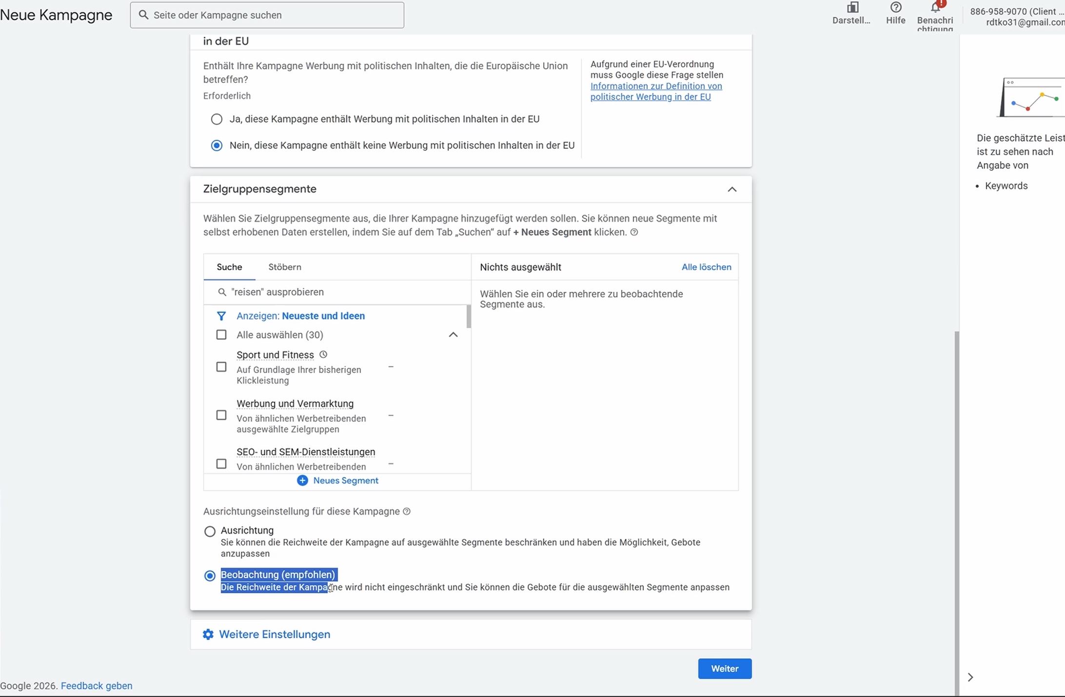 Google Ads Kampagneneinstellungen: Zielgruppensegmente hinzufügen – Beobachtung einstellen statt Ausrichtung