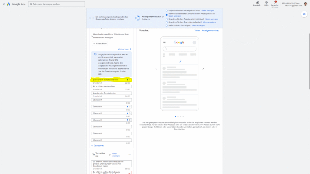 Anzeigentitel im Google Ads Editor mit Pin-Funktion auf feste Position setzen