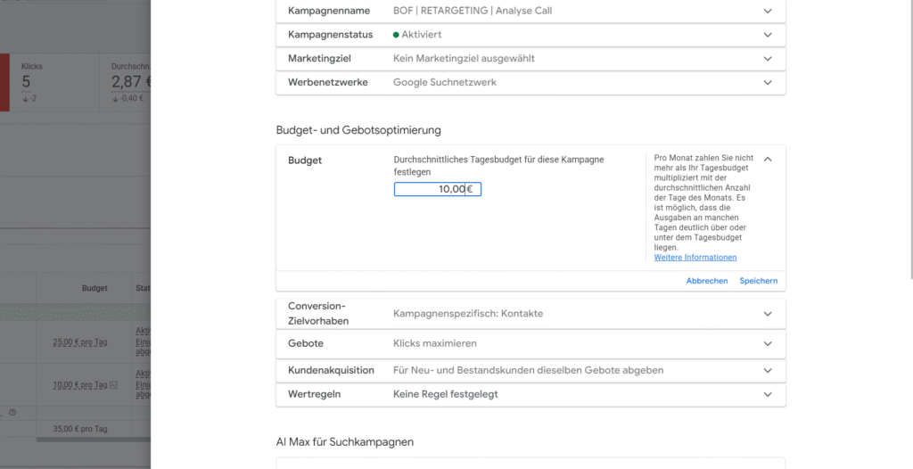 Google Ads Budget für Fällsaison Anzeigengruppe außerhalb der Saison reduzieren
