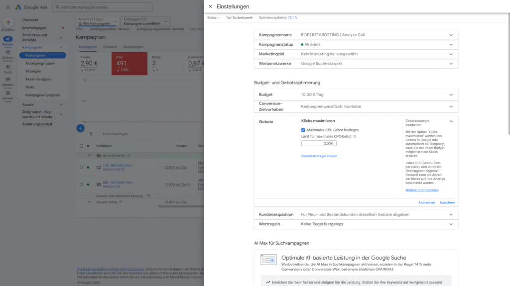 Google Ads Gebotsstrategie Klicks maximieren zu Kampagnenstart auswählen