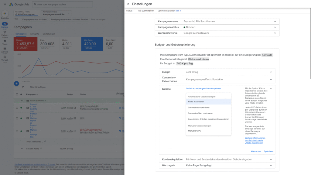 Google Ads Gebotsstrategie Ziel-CPA mit Kostenobergrenze einrichten