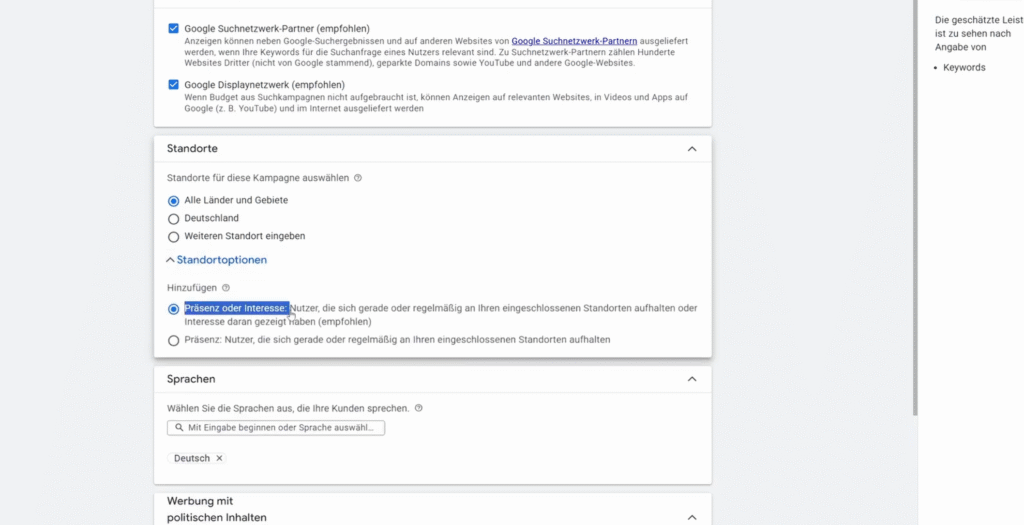 Google Ads Standardeinstellung Präsenz oder Interesse für geografisches Targeting