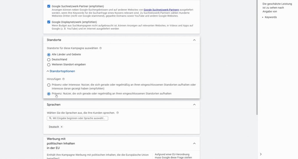 Google Ads Standort-Einstellung Präsenz auswählen im Kampagnen-Menü