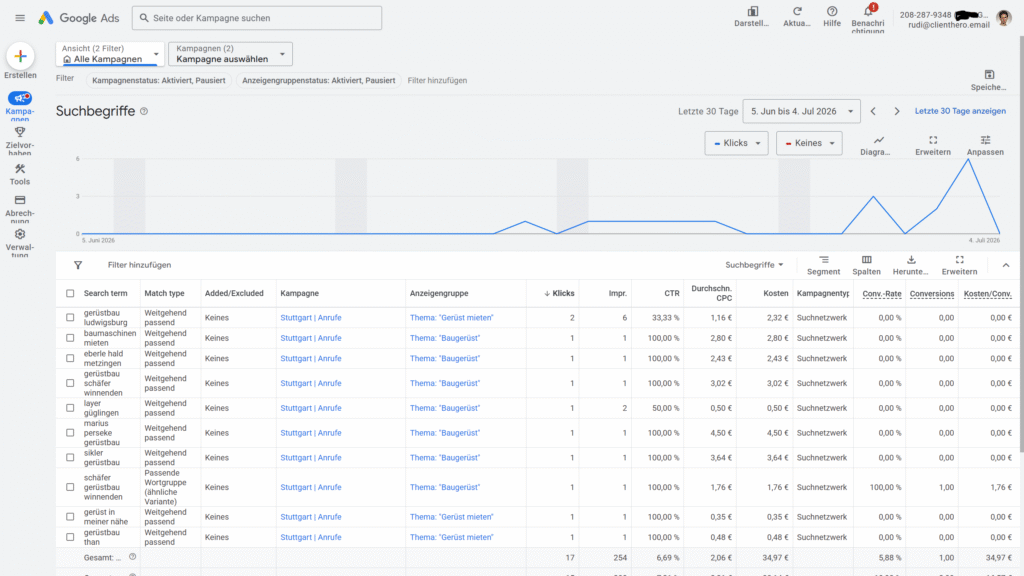 Google Ads Suchbegriffsbericht für Gerüstbau Keywords mit Klicks und Conversions Google Ads Suchbegriffsbericht für Gerüstbau Keywords mit Klicks und Conversions