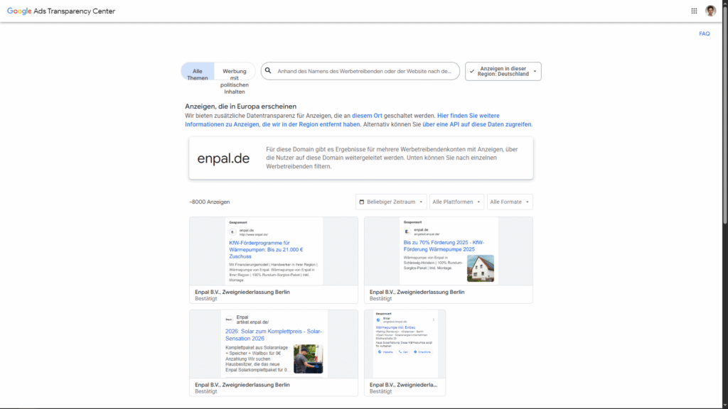 Google Ads Transparency Center Anzeigenübersicht eines Solarfirma-Wettbewerbers
