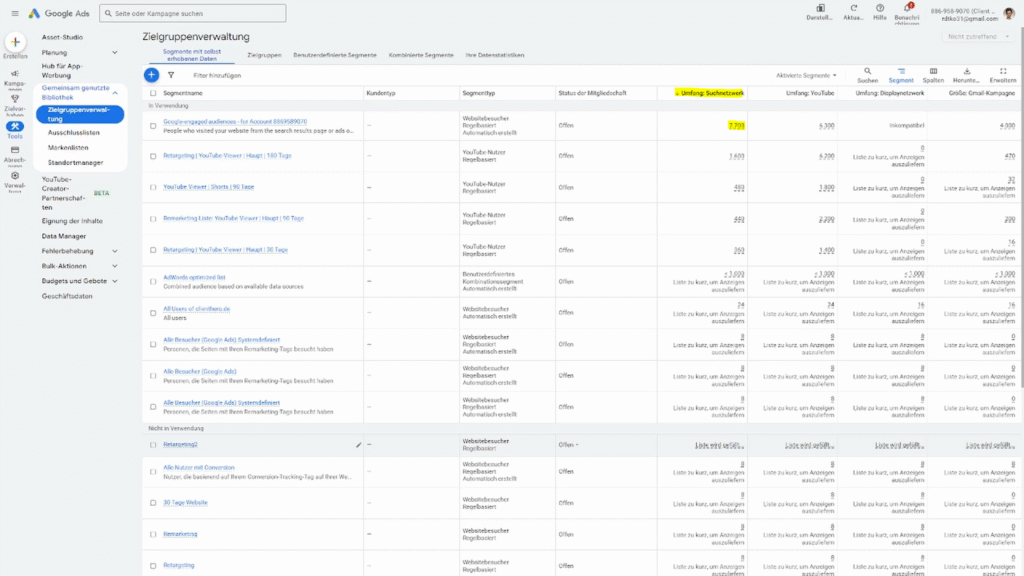Google Ads Warnung Remarketing-Liste erreicht Mindestgröße noch nicht