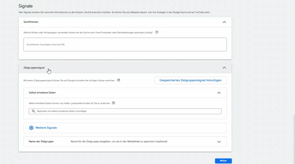Google Ads Zielgruppen Keywords und Inhalte Tab mit Conversion-Daten je Segment
