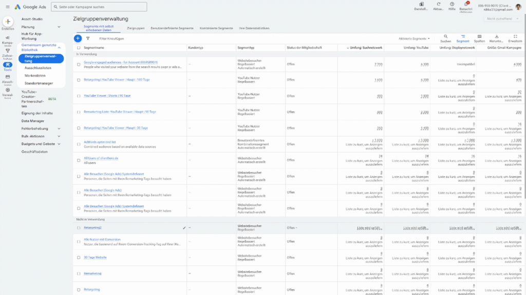 Google Ads Zielgruppen-Segmente Website-Besucher und Kontaktseiten-Besucher getrennt