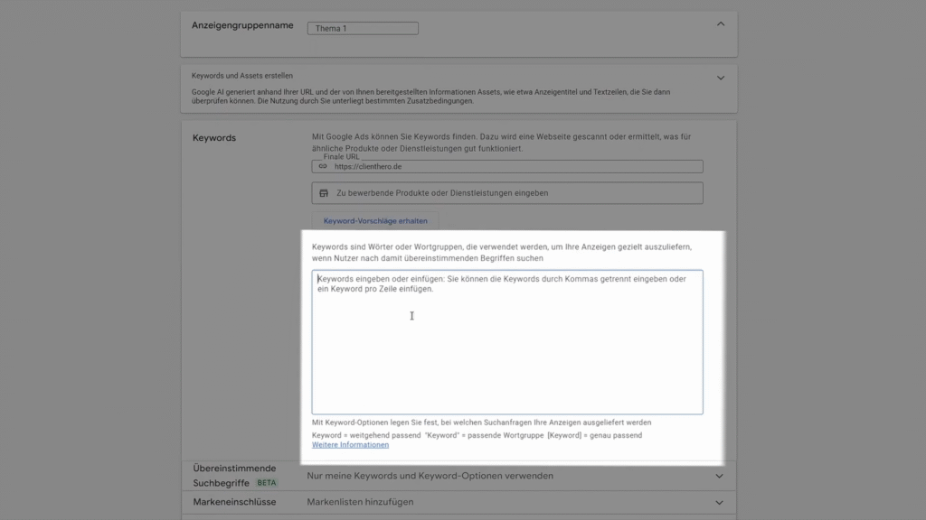 Keywords für die Anzeigengruppe Fassadengerüst in Google Ads einfügen Keywords für die Anzeigengruppe Fassadengerüst in Google Ads einfügen