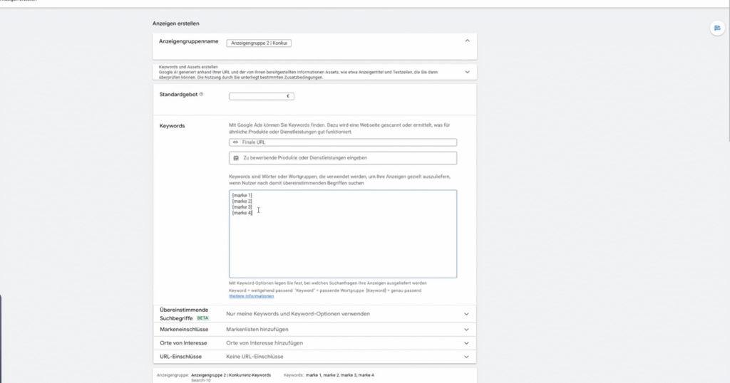 Markenname der Konkurrenz als Keyword in Google Ads Anzeigengruppe eingeben