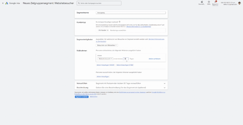 Remarketing-Listen-Gültigkeitsdauer im Google Ads Interface